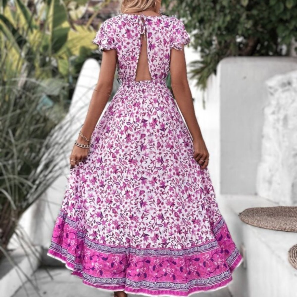 BOHO Floral Butterfly Sleeved Shirred waist Dress - Picture 3 of 6